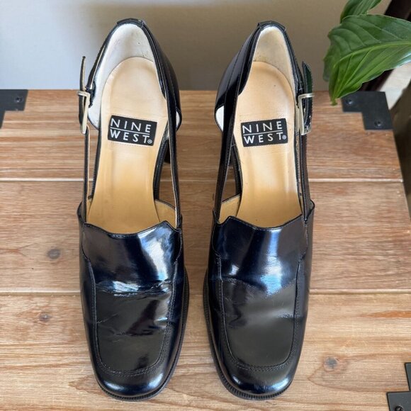 90s Vintage Nine West Jerry Square Toe Silver Buckle Block Block Heeled Loafer - Picture 3 of 16